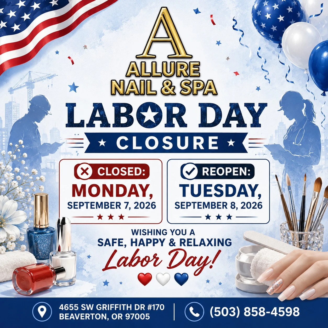 LABOR DAY CLOSURE NOTICE FROM ALLURE NAILS & SPA