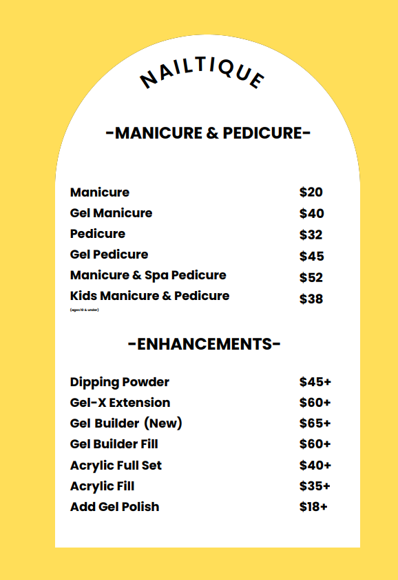 Nailtique Sierra Madre - Manicure & Pedicure Menu