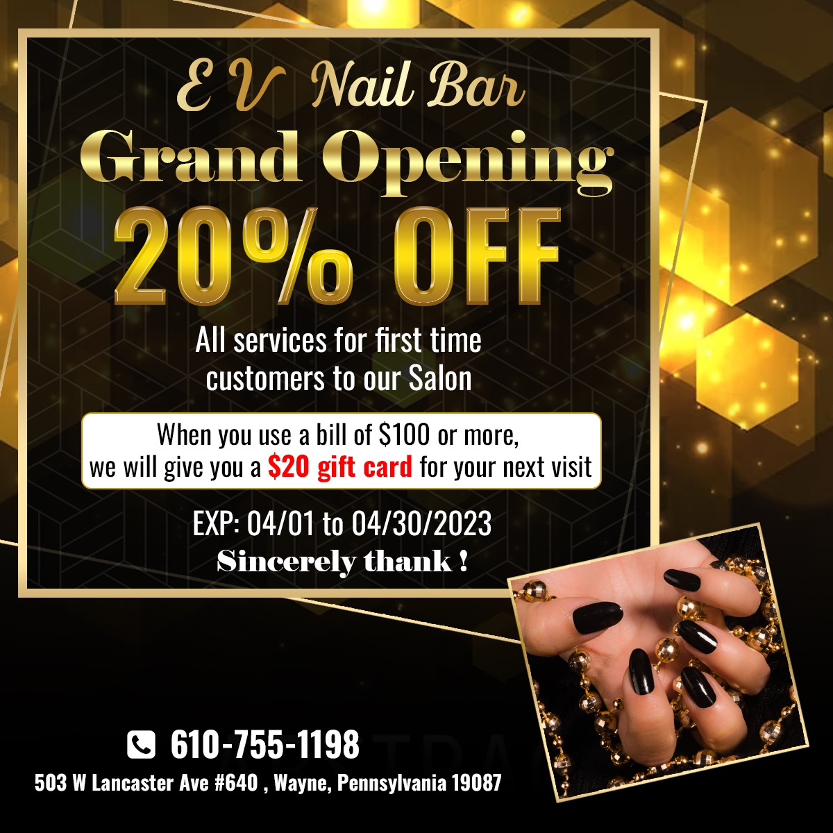 Welcome to EV NAIL BAR - GRAND OPENING PROMOTION!! - New Nail salon in Wayne, PA 19087