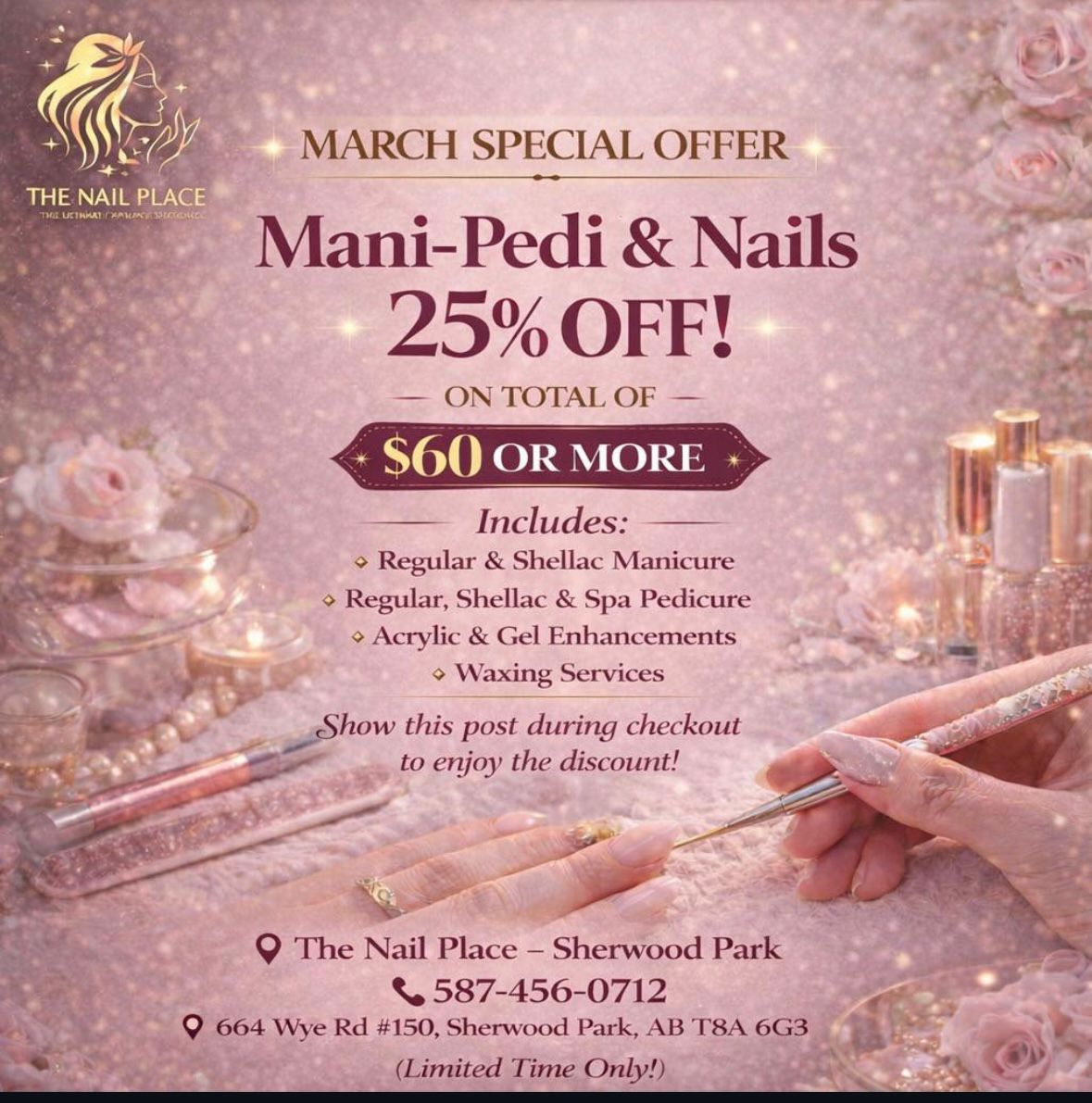 Mani-pedi and nail 25% offer.
