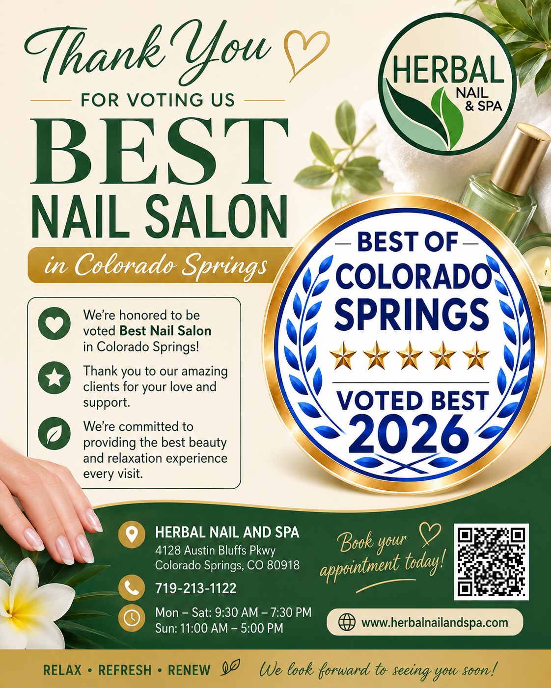 Herbal Nail and Spa is honored to be voted Best Nail Salon in Colorado Springs 2026