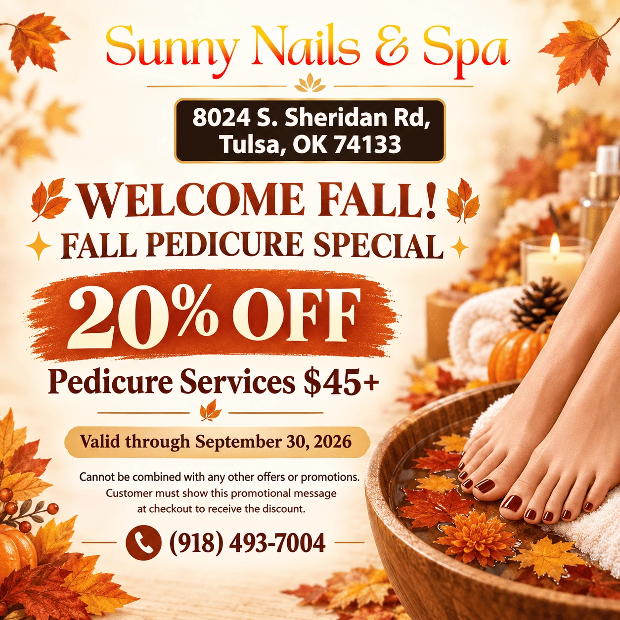 Fall Pedicure Special | 20% off pedicure services $45+