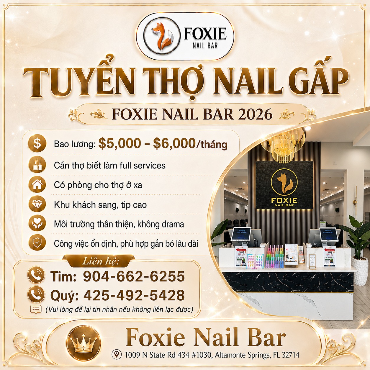 TUYỂN THỢ NAIL GẤP – FOXIE NAIL BAR 2026