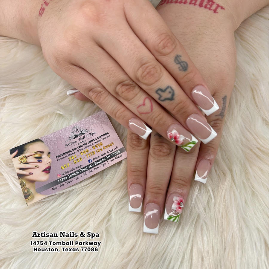 Summer French tip nails with 3D pink floral nail art Houston
