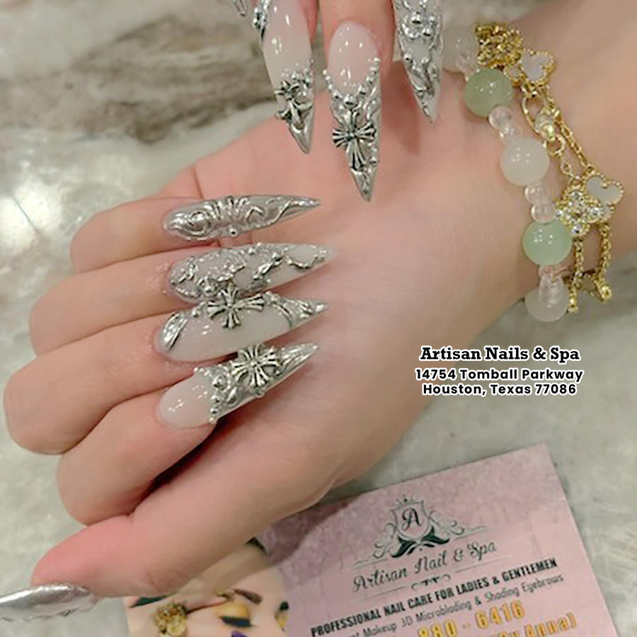 Edgy silver chrome and gothic 3D cross nail art designs at Artisan Nails Spa 77086