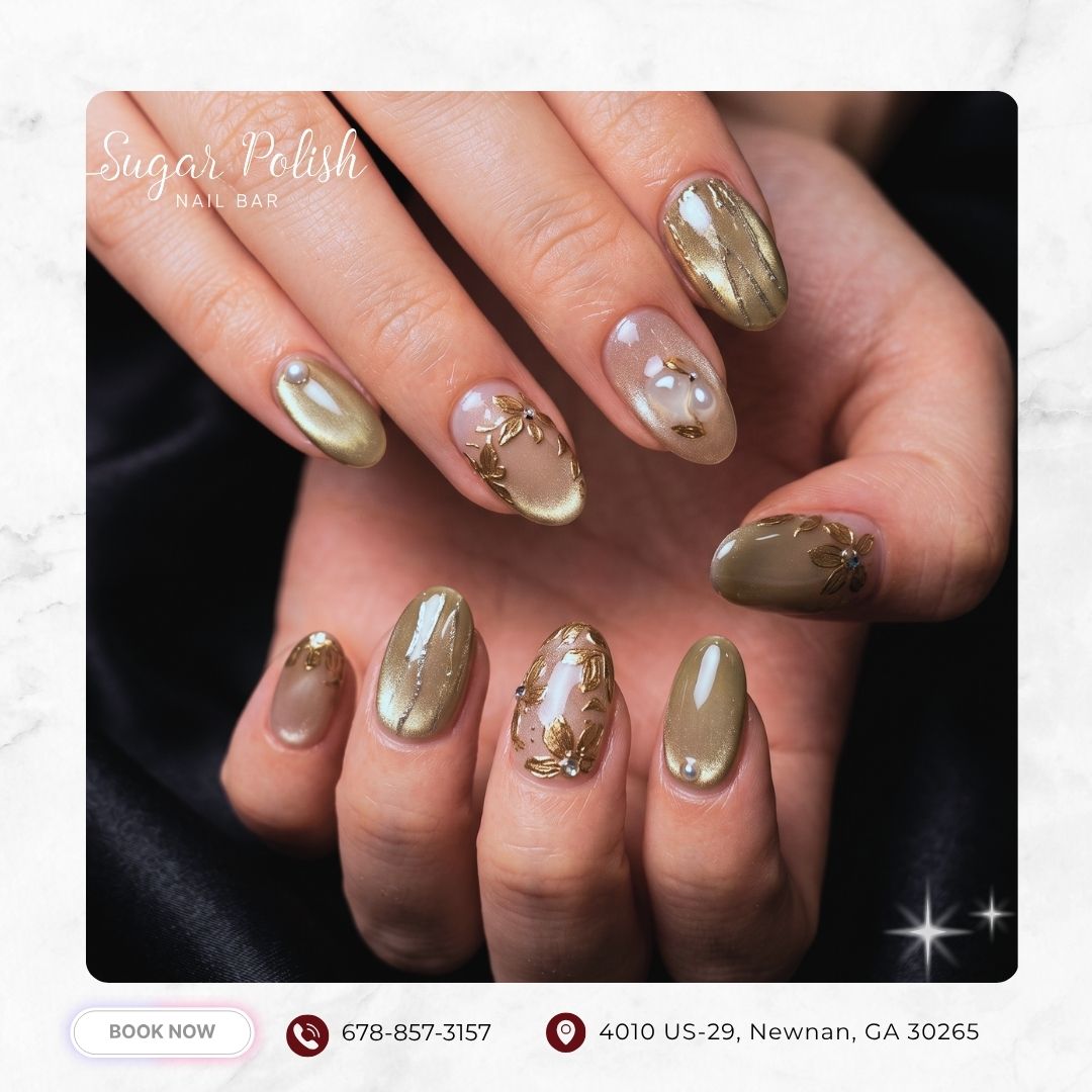 Olive chrome almond nails with gold accents at Sugar Polish Nail Bar in Newnan, GA