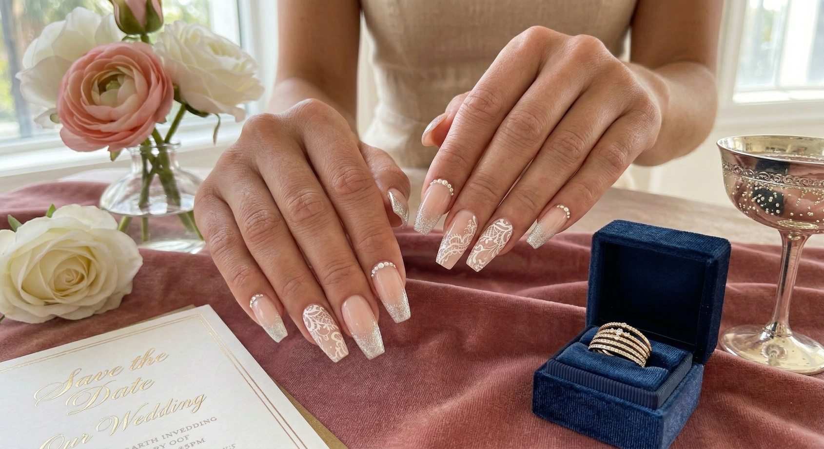 Elegant long coffin bridal nails with intricate white lace patterns, silver glitter ombré, and delicate rhinestone accents at Sugar Polish Nail Bar in Newnan GA