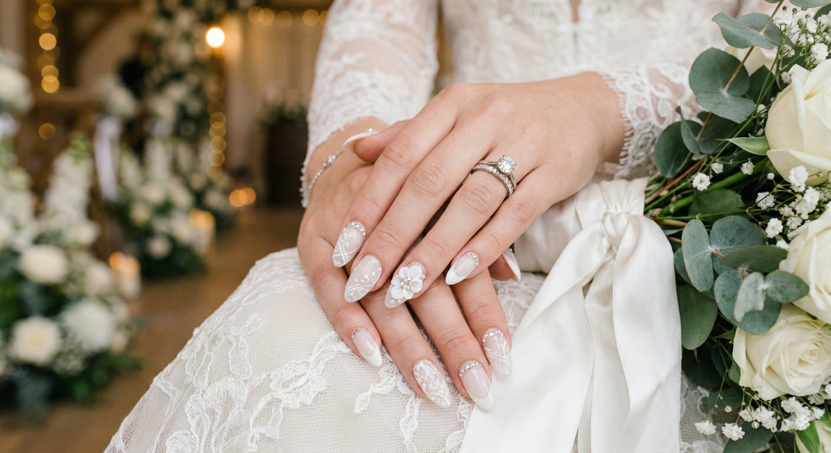 Elegant almond-shaped bridal nails with white lace patterns, 3D floral accents, and delicate rhinestones, perfect for a wedding, at Sugar Polish Nail Bar in Newnan GA