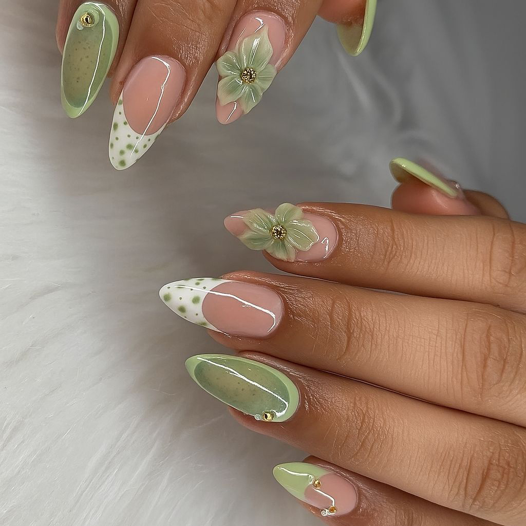 Sage green almond nails with 3D floral art, French tips, and polka dot accents