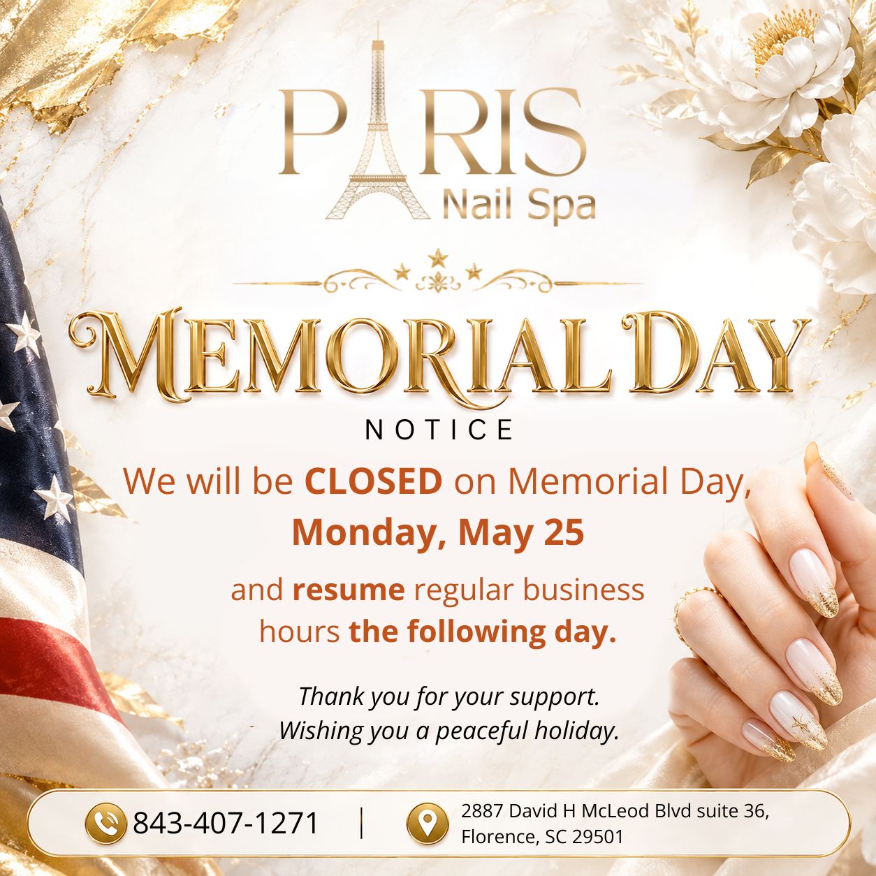 Paris Nail salon will be closed on Memorial Day 2026