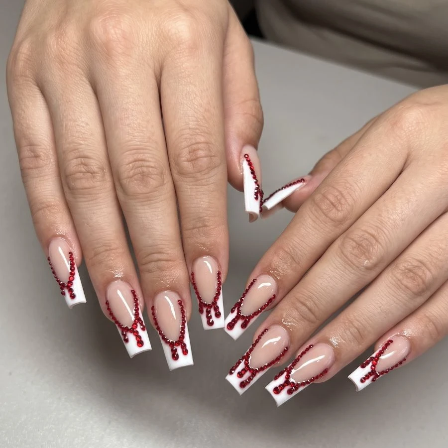 Vampy Glamour: Crisp White Tips & Crimson Crystal Drips 🩸✨