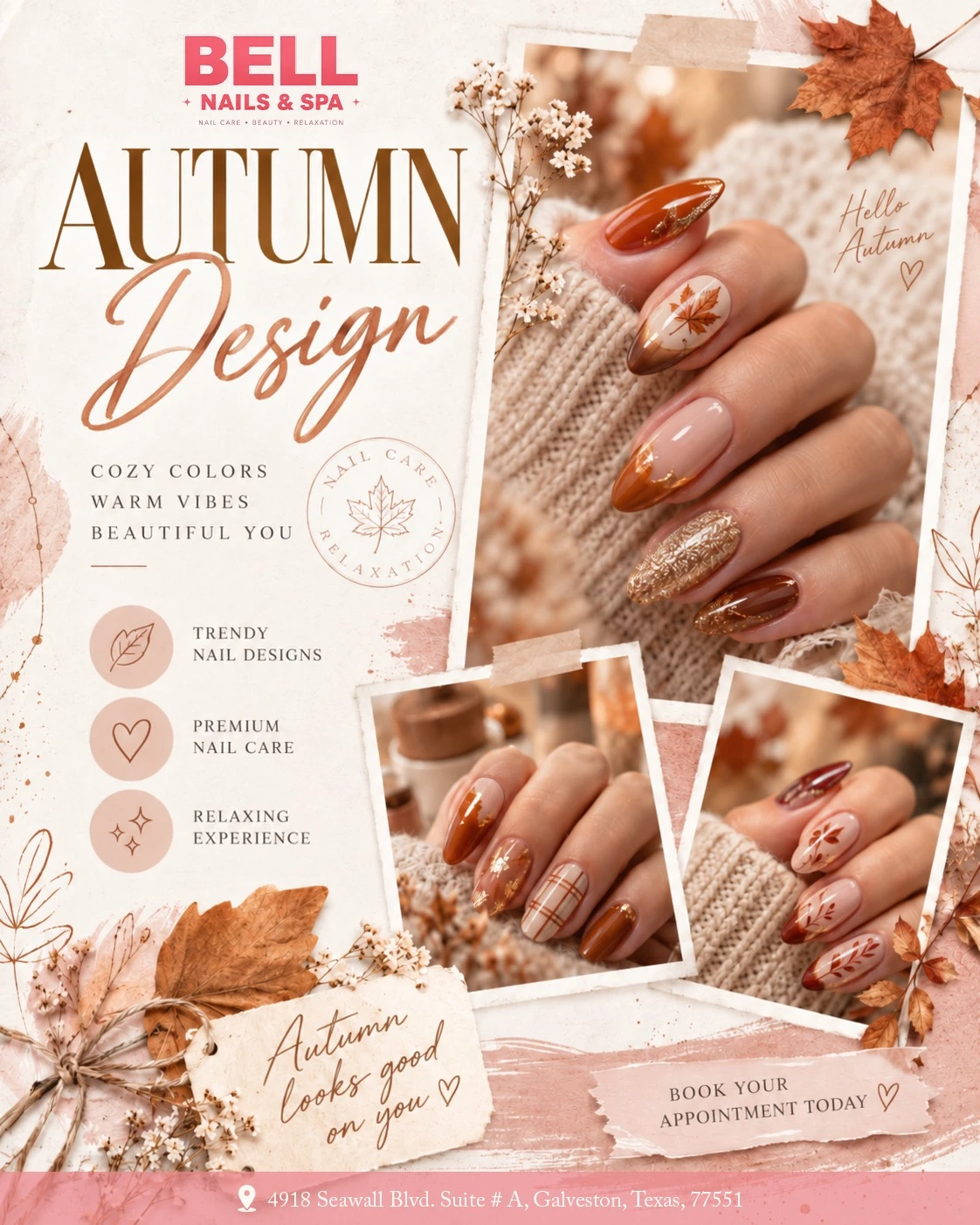 Looking for the best fall nails in Galveston, TX? Explore warm fall color palettes, trendy maple leaf art, glitter accents, and client reviews today from Bell Nails & Spa