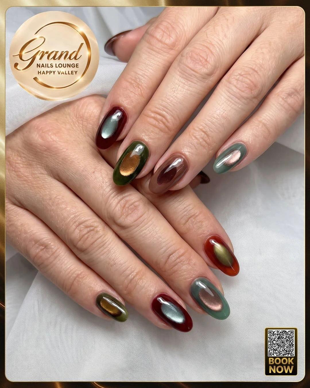 Autumn-themed magnetic cat-eye nail art at Grand Nails Lounge in Glendale AZ