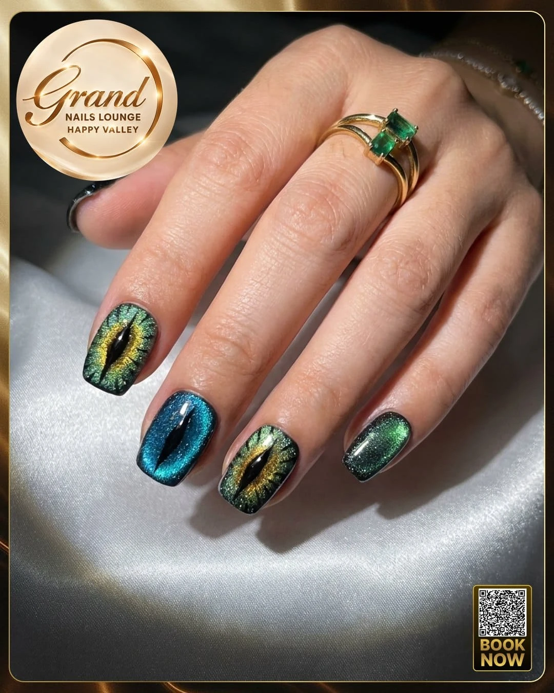 Spooky glowing cat eye nail art design for Halloween using magnetic gel polish