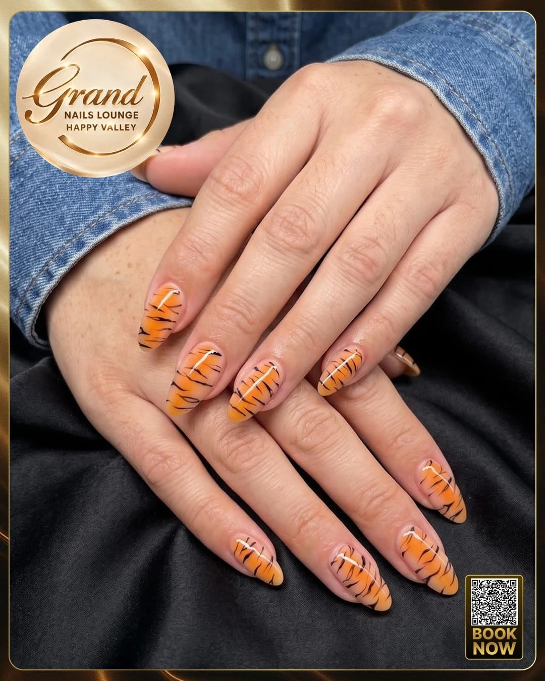 Long almond shape color powder nails with tiger stripe art protected with daily nail care