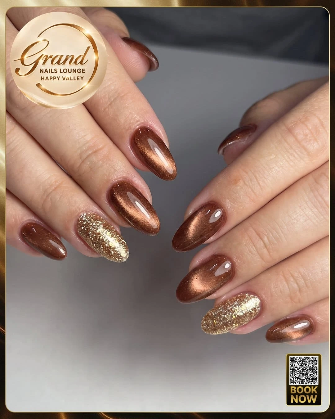 Flawless professional color powder dipping set with bronze cat eye and gold glitter at Grand Nails Lounge