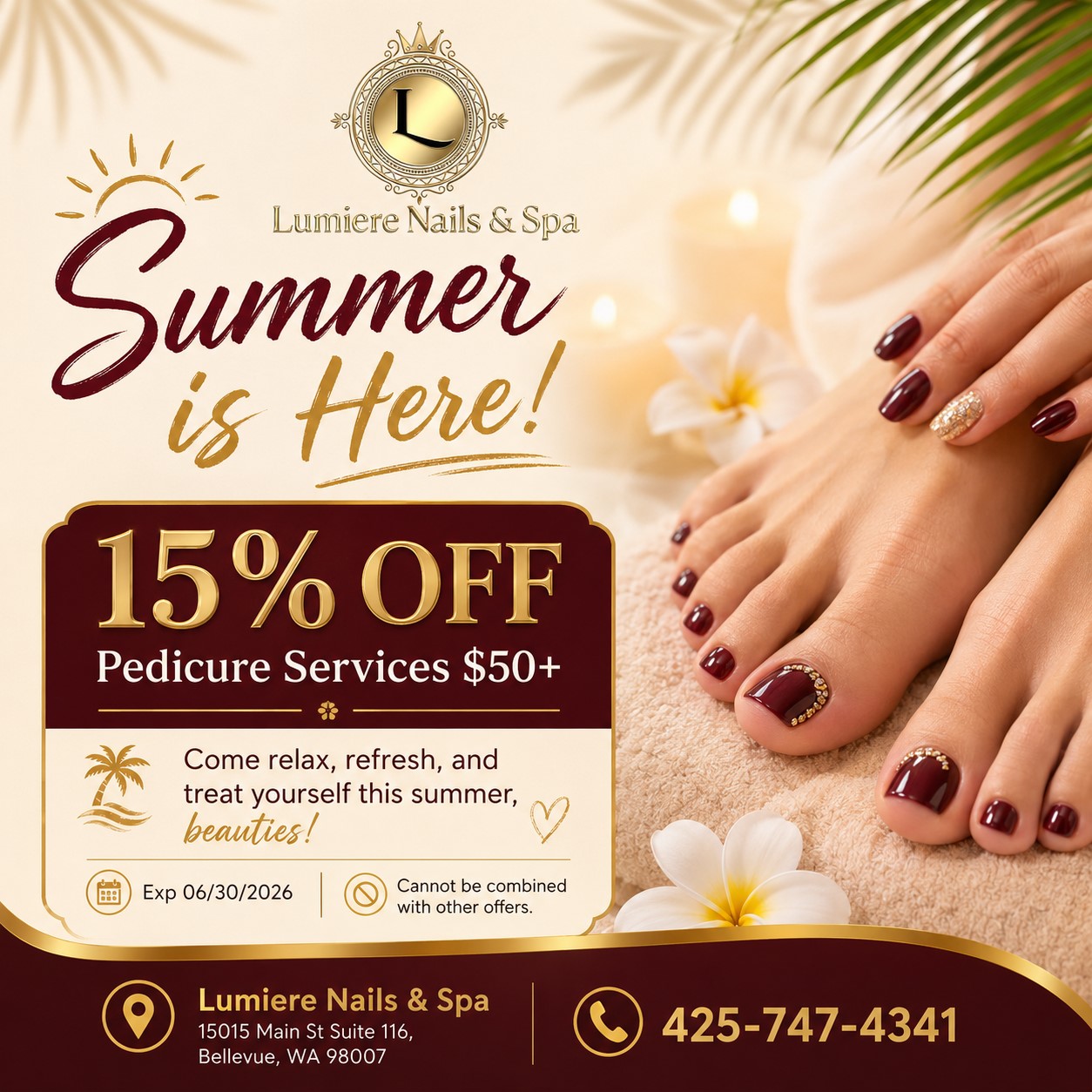 Summer Offer 15% OFF Pedicure Services $50+