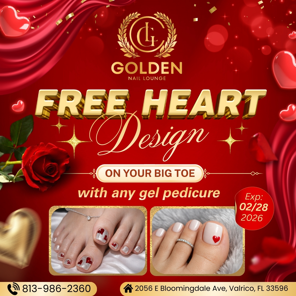 FREE HEART design on your big toe with any gel pedicure through Feb 28, 2026