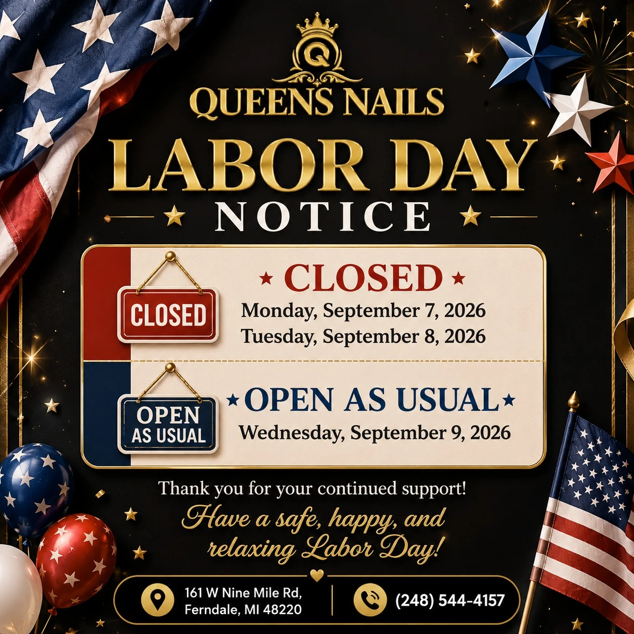 LABOR DAY NOTICE FROM QUEEN NAILS SALON