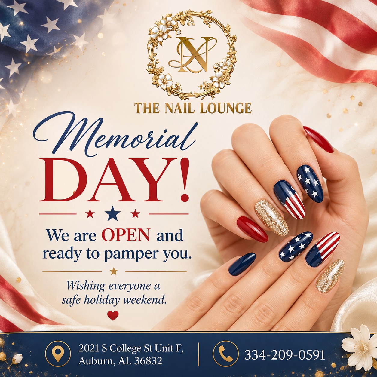 The Nail Lounge is OPEN and ready to pamper you this holiday weekend