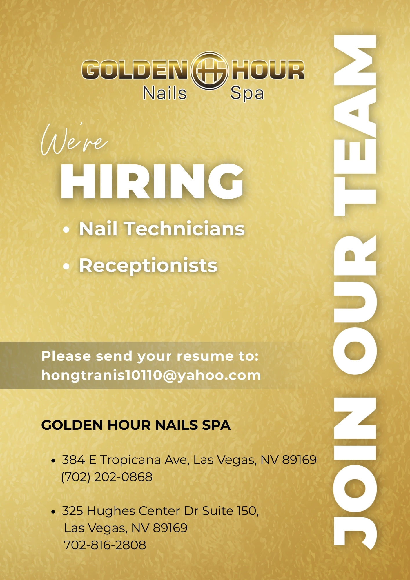 We are currently seeking Nail Technicians and Receptionists