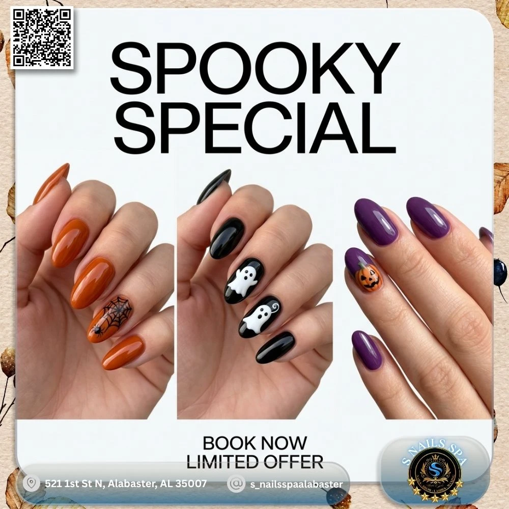Halloween festive nail art featuring spiderweb, white ghost, and pumpkin designs at S Nails Spa