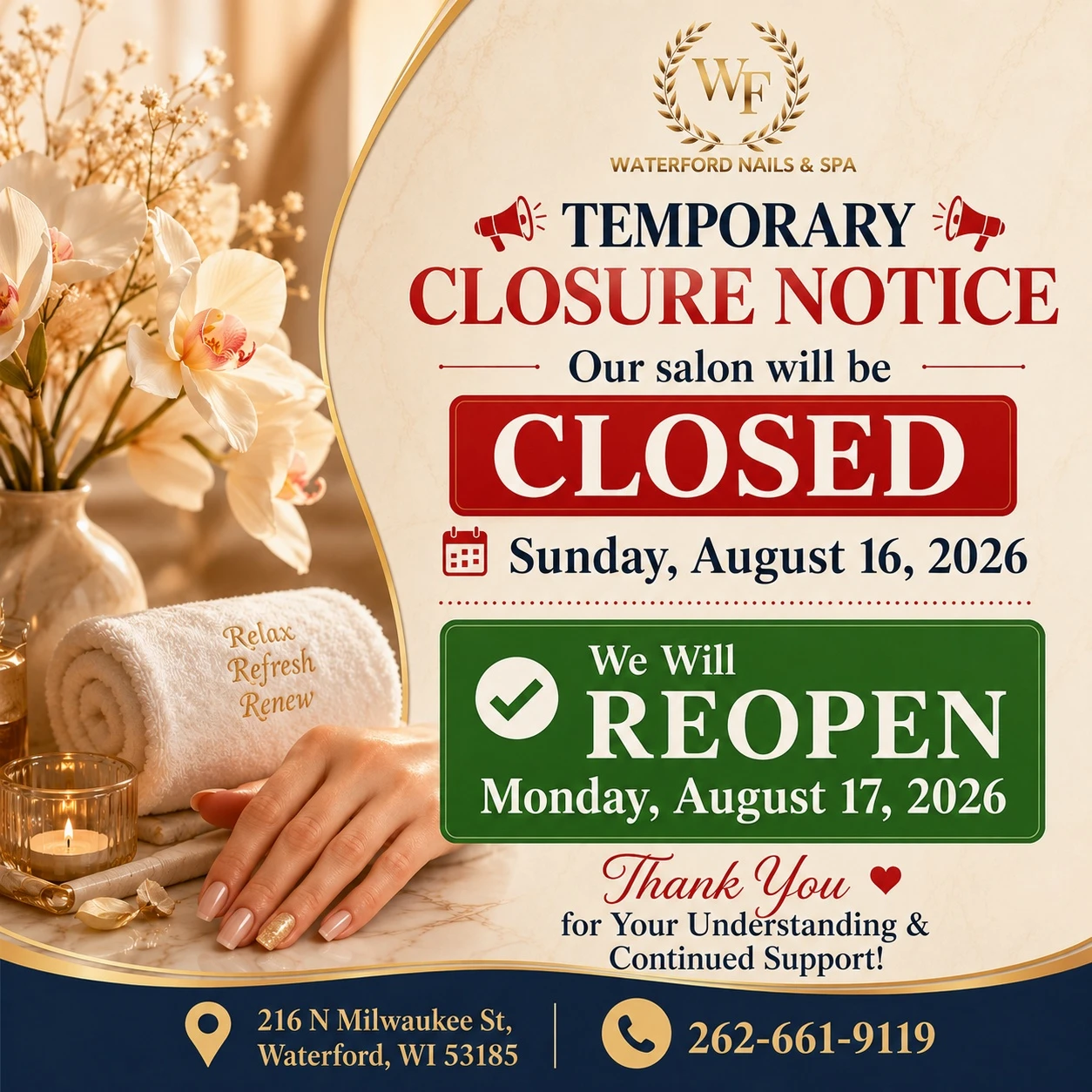 Memorial Day Announcement from Waterford Nails & Spa