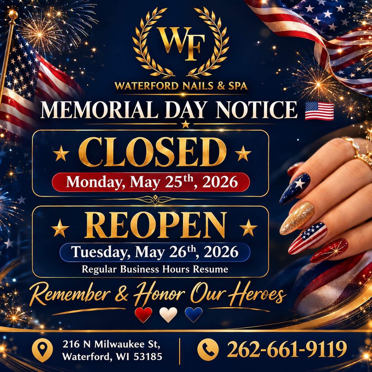 Memorial Day Announcement from Waterford Nails & Spa