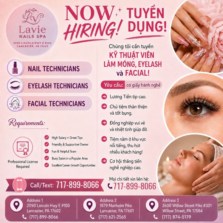 NOW HIRING AT LAVIE NAILS SPA
