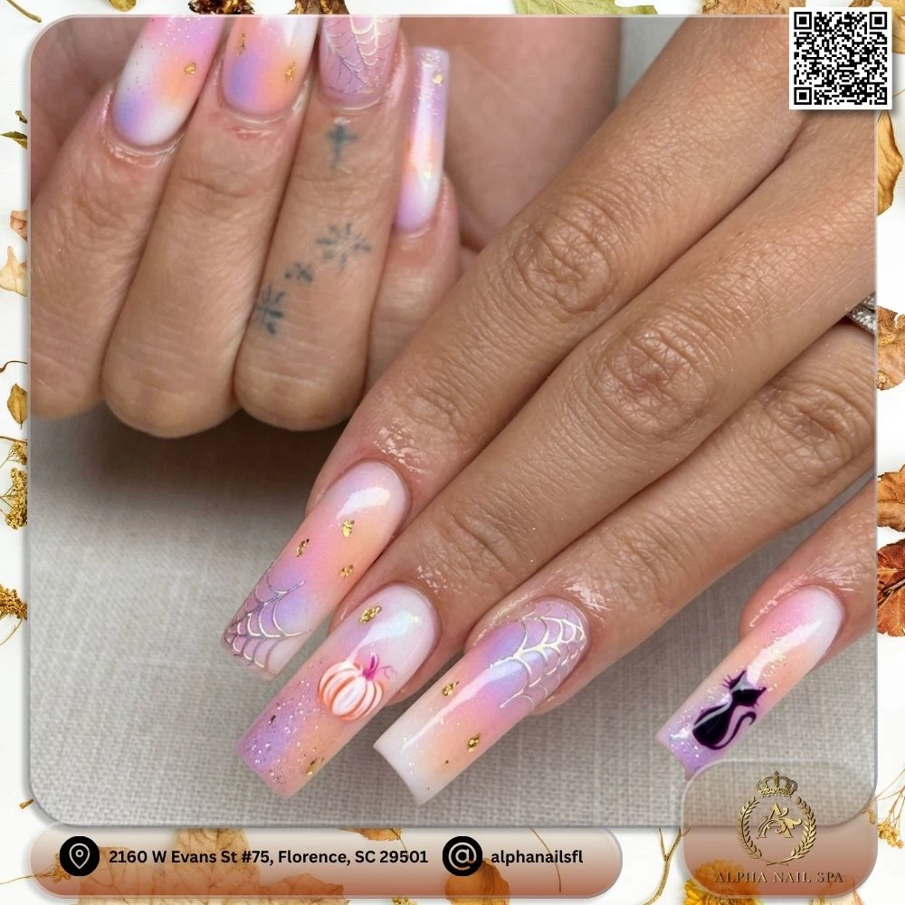 Glamorous dark cherry red Halloween nails with white hand-painted ghost with crown, black cat silhouette, and white spiderweb art at Alpha Nail Spa in Florence SC 29501