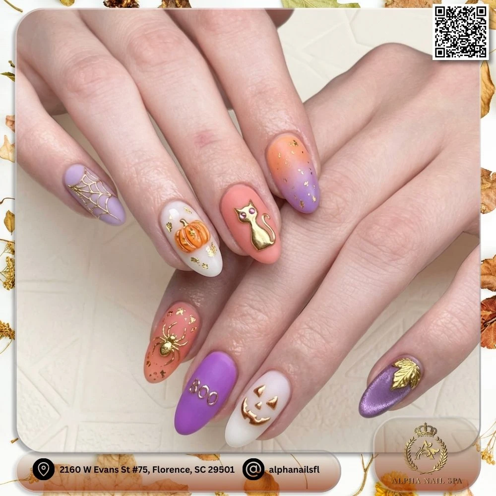 Cute pastel pink and lavender gradient Halloween acrylic coffin nails with 3D pumpkin, black cat silhouette, and silver spiderweb art at Alpha Nail Spa Florence SC 29501