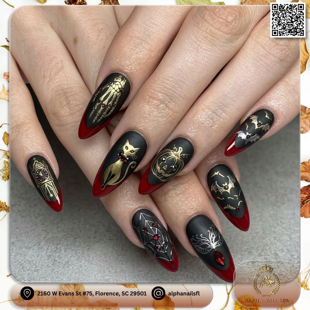 Gothic Halloween Stiletto Nails with 3D Skull & Blood Drips. Source: Dazznails