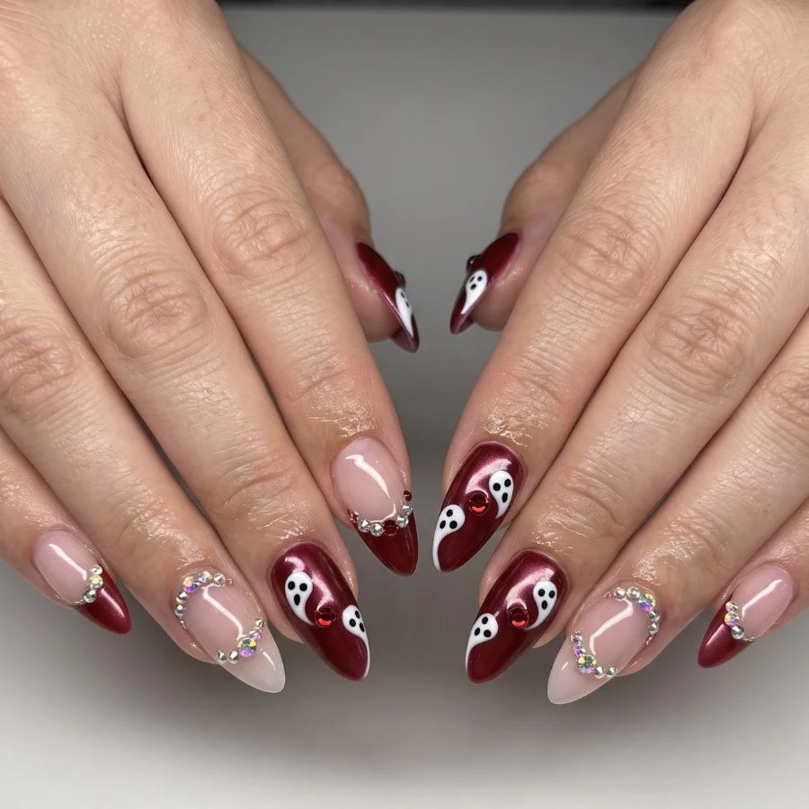 Look 3: Glamorous Crimson & Swirling Ghosts 🍷✨