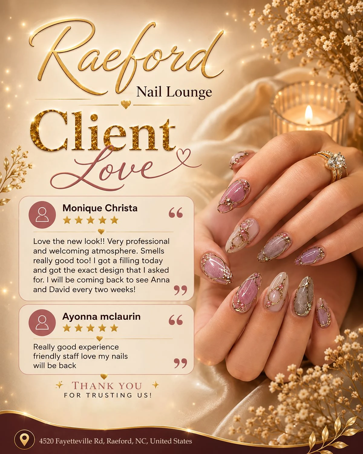 Client's experiences at Raeford Nail Lounge in Raeford, NC 28376