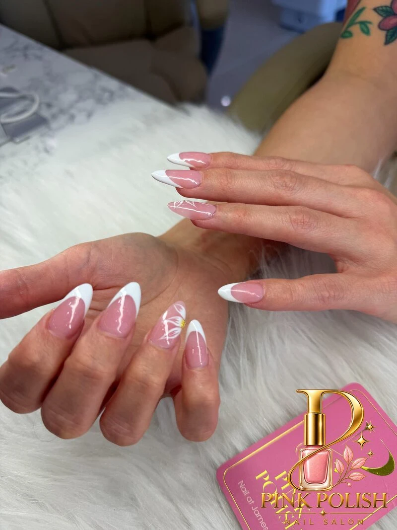 Short pink almond gel nails done at Pink Polish Nail Salon Charleston