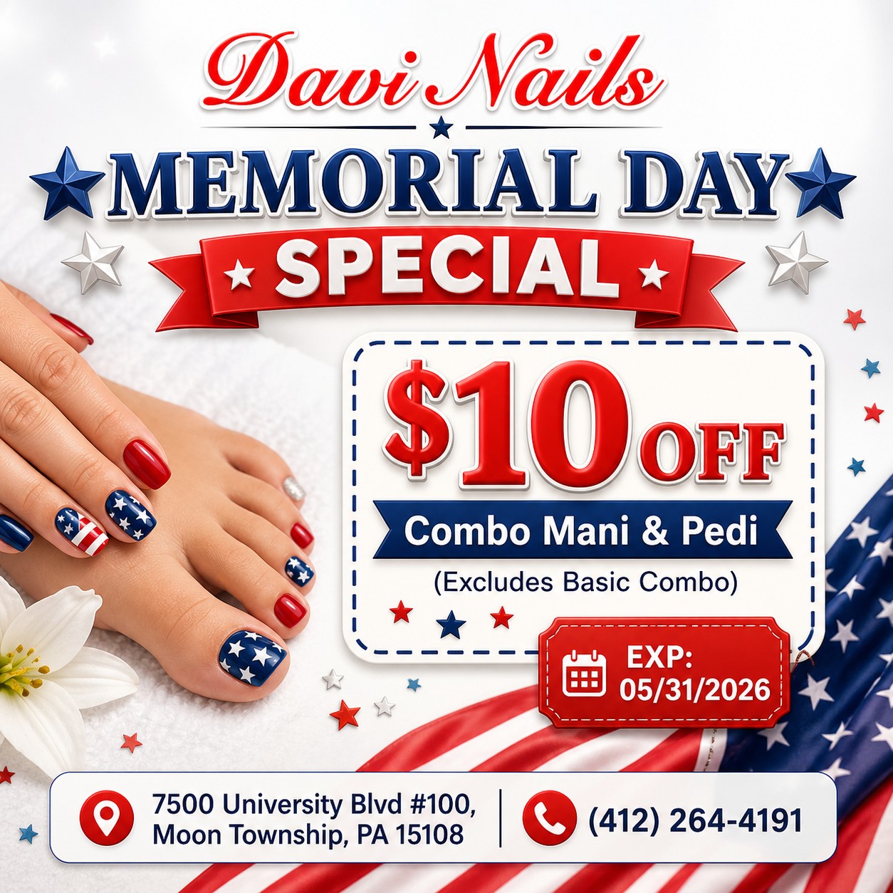 Celebrate Memorial Day with a little extra care at Davi Nails in Moon Township 🇺🇸