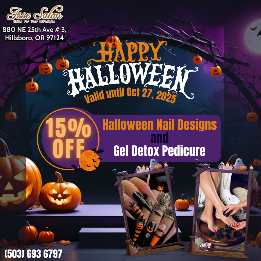 15% OFF all Halloween Nail Designs and our relaxing Gel Detox Pedicure!