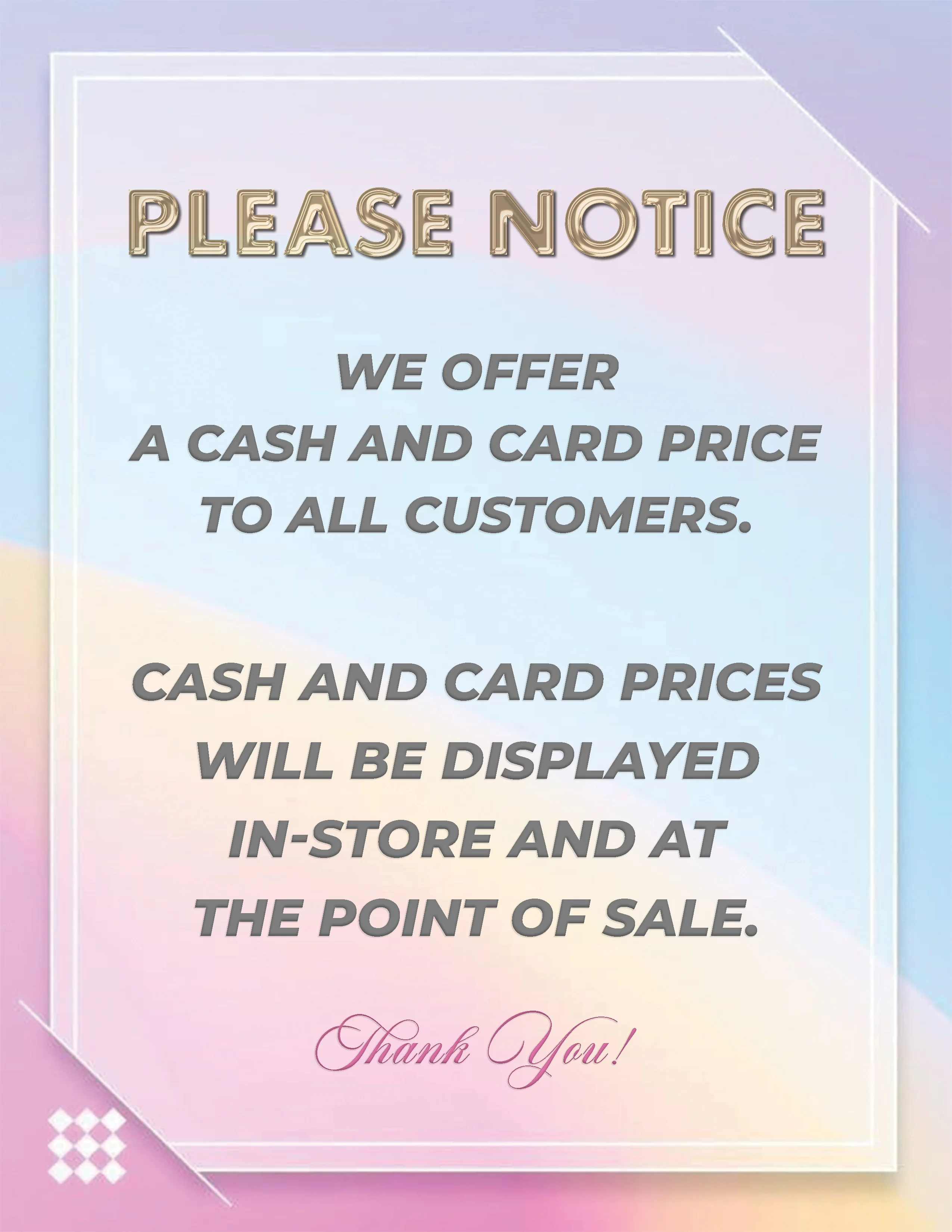 Cash and card pricing notice