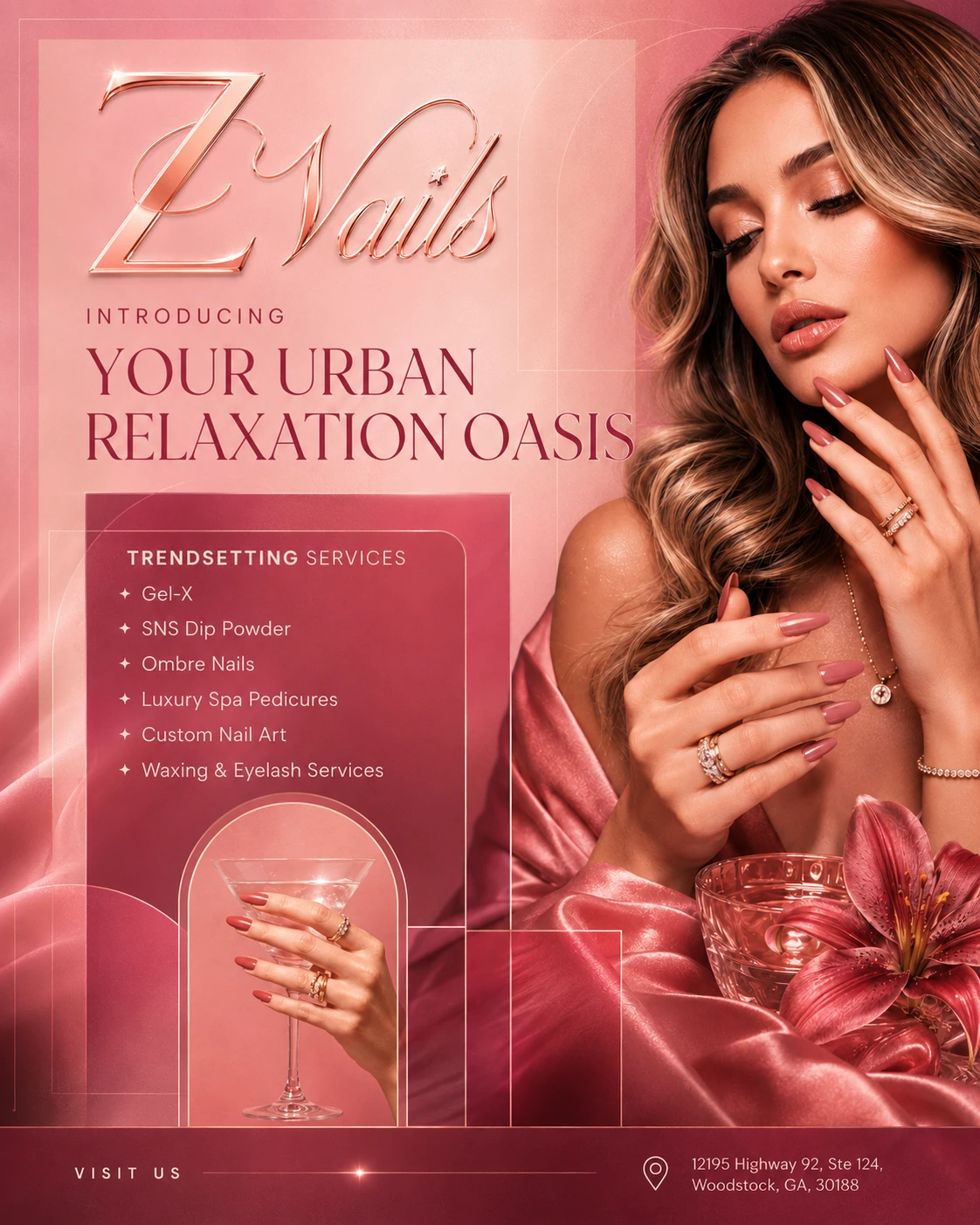 Welcome to Z Nails Salon in Woodstock, GA 30188 - Our nail salon offers Manicure, Pedicure, Acrylic, Gel-X, SNS Dip Powder, Nail Art and more. Visit us us for exceptional nail care, outstanding customer service, and a relaxing salon experience.