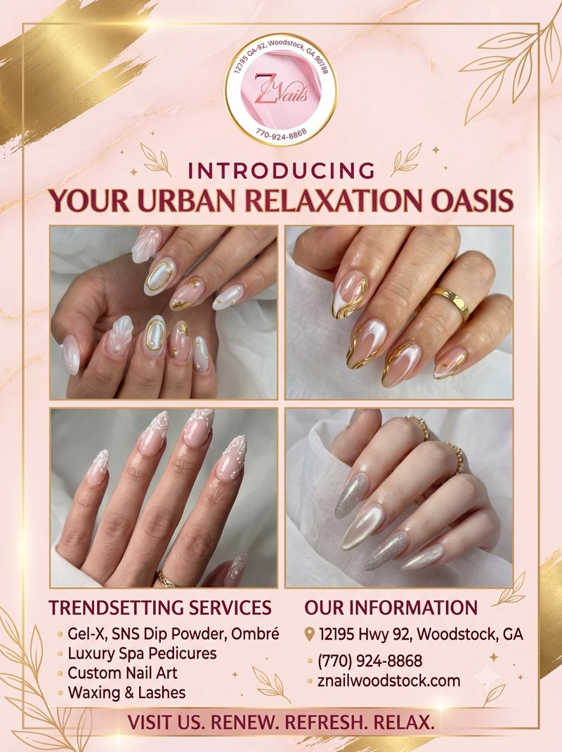 Welcome to Z Nails Salon in Woodstock, GA 30188 - Our nail salon offers Manicure, Pedicure, Acrylic, Gel-X, SNS Dip Powder, Nail Art and more. Visit us us for exceptional nail care, outstanding customer service, and a relaxing salon experience.