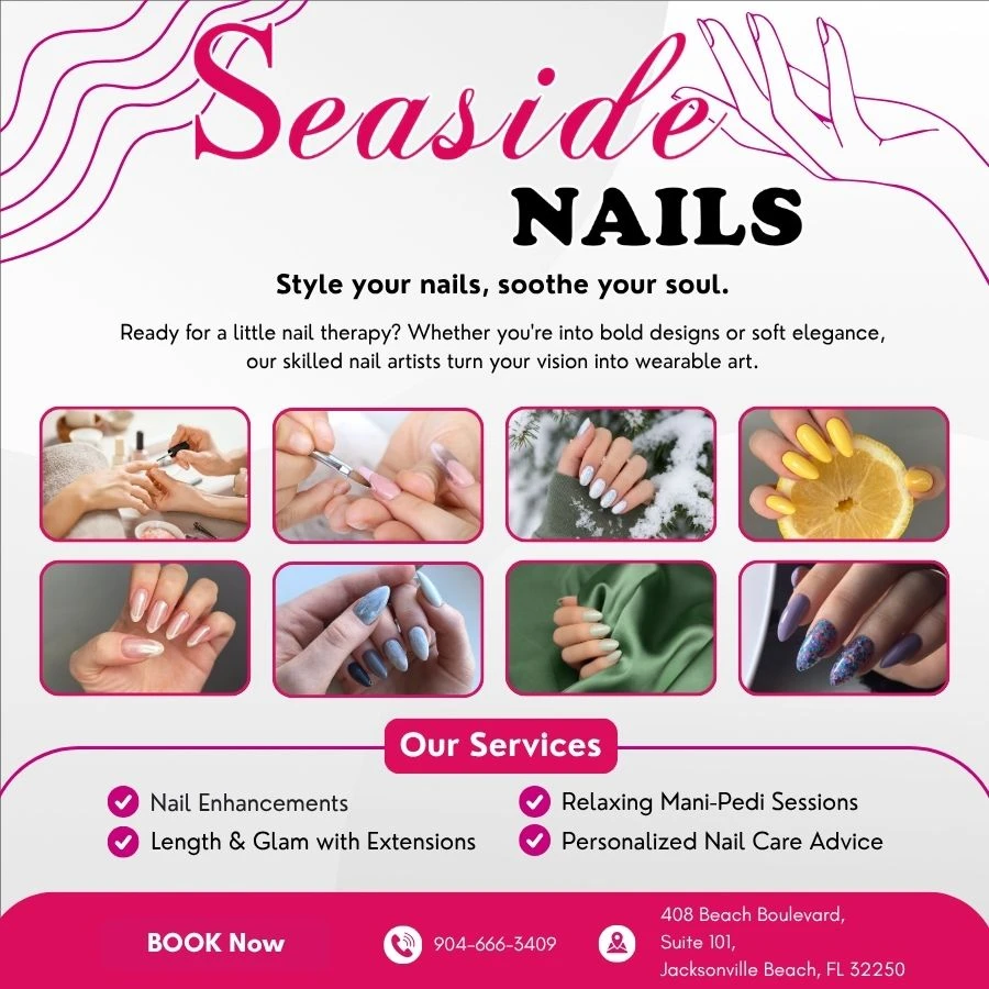 Seaside Nails, a highly rated nail salon conveniently located at Publix Super Market at Middle Beach Commons in Jacksonville Beach, FL 32250. We are proud to provide exceptional nail care in a clean, comfortable, and welcoming environment where every client can relax and enjoy a beautiful salon experience.