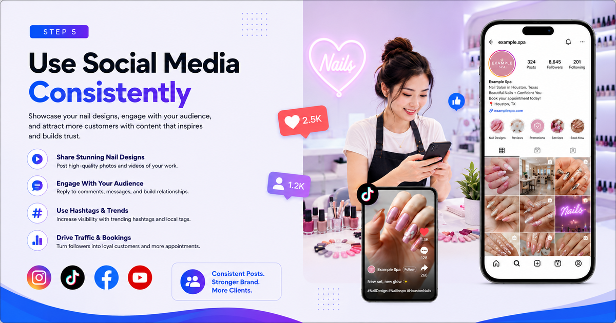 Nail salon owner creating Instagram and TikTok content to attract more customers