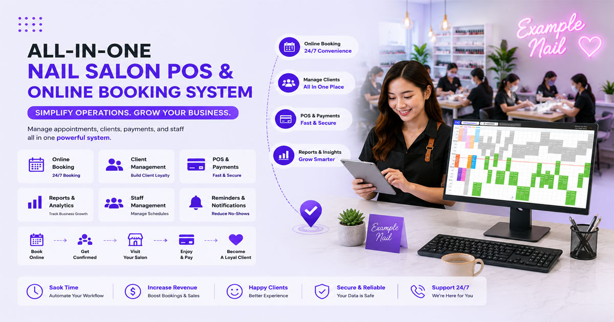 Nail salon POS system with online booking, payment processing, appointment scheduling, and customer management