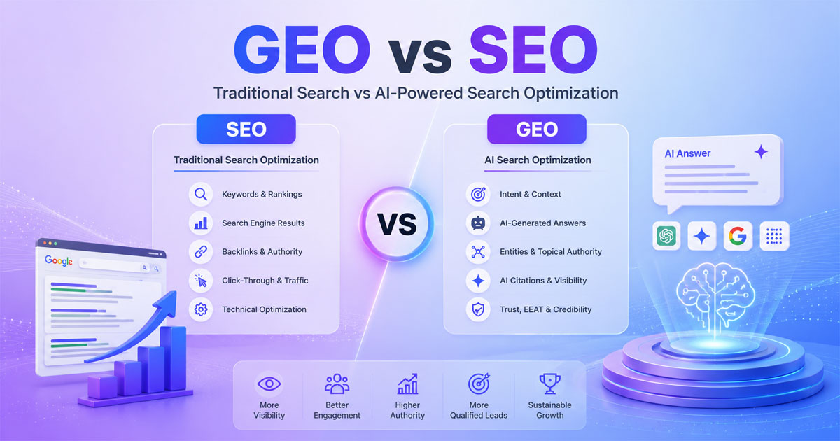 GEO vs SEO comparison showing traditional search and AI-powered search optimization