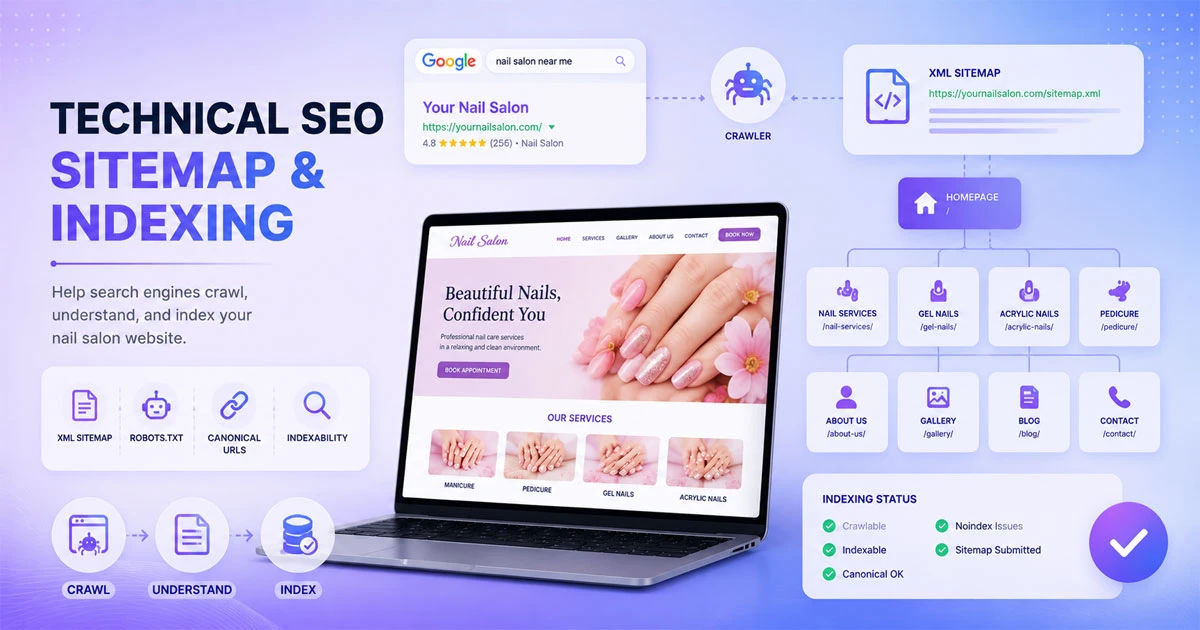 Technical SEO sitemap and website indexing for nail salons