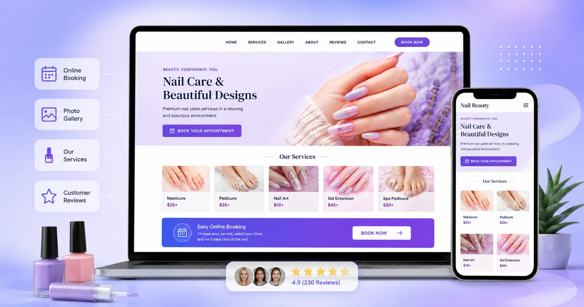 Nail salon website showcasing services, nail designs, and online booking