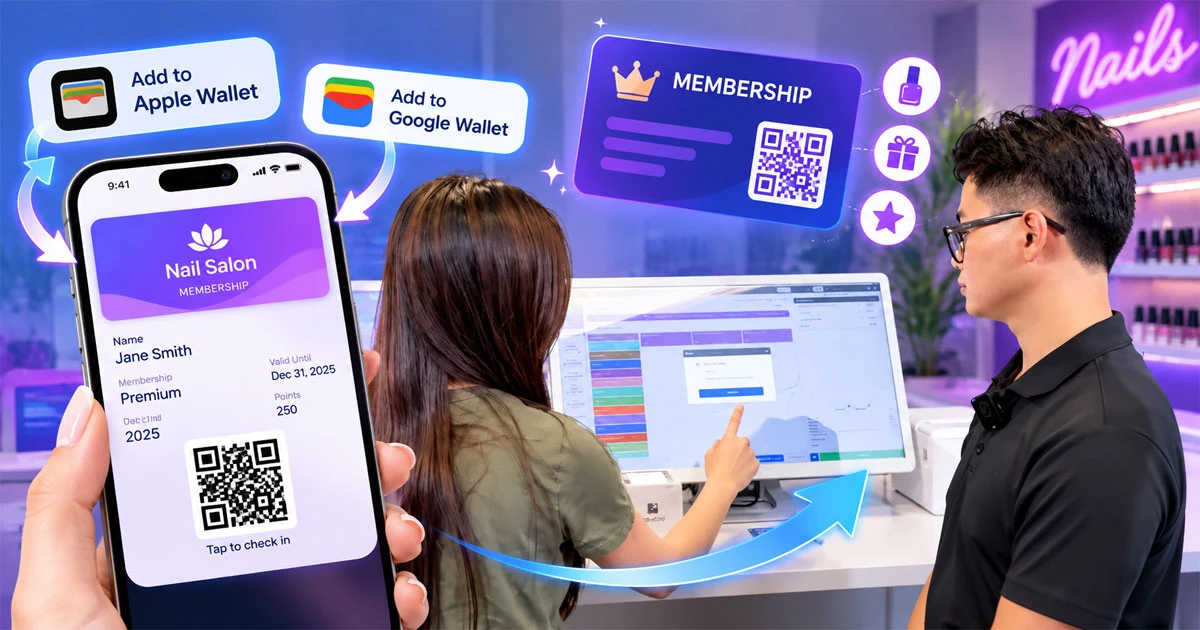 Nail salon membership QR code and digital wallet for customer check-in
