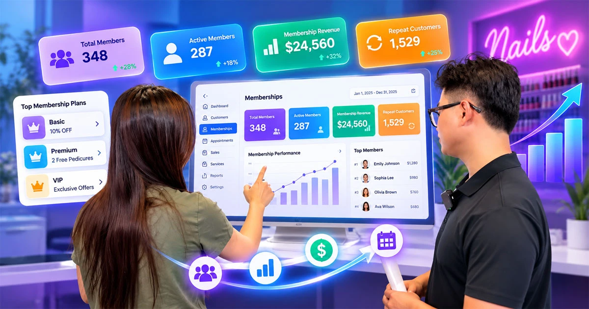 Nail salon membership analytics dashboard showing customer spending and membership revenue
