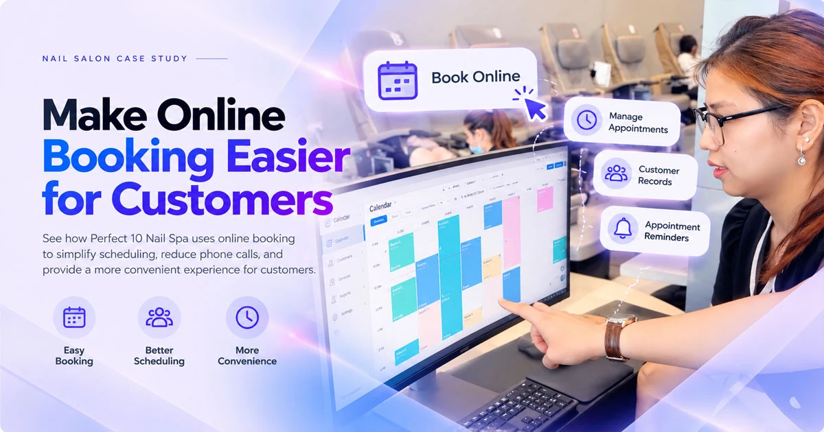 Nail salon employee managing customer appointments with online booking software