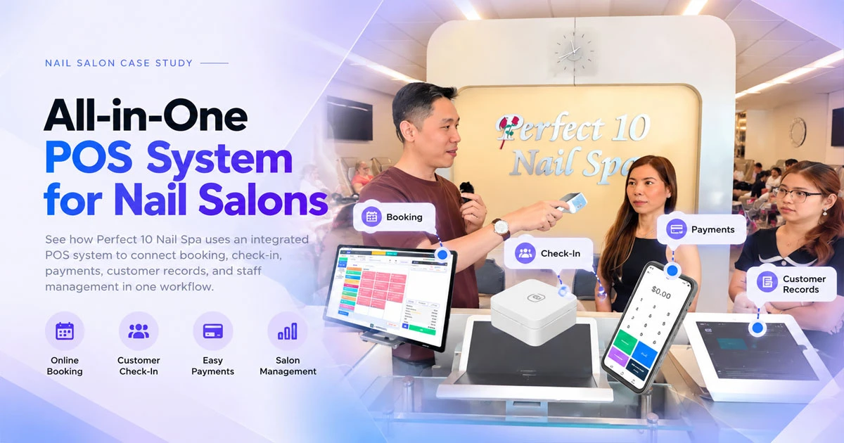 Dual-screen BambooPay POS system and handheld payment terminal for a nail salon